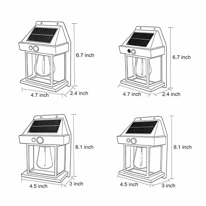 Product size chart for four different sizes of wall mount solar lanterns.